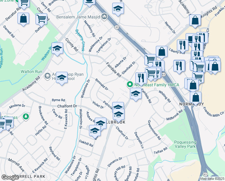map of restaurants, bars, coffee shops, grocery stores, and more near 3865 Ronnald Drive in Philadelphia