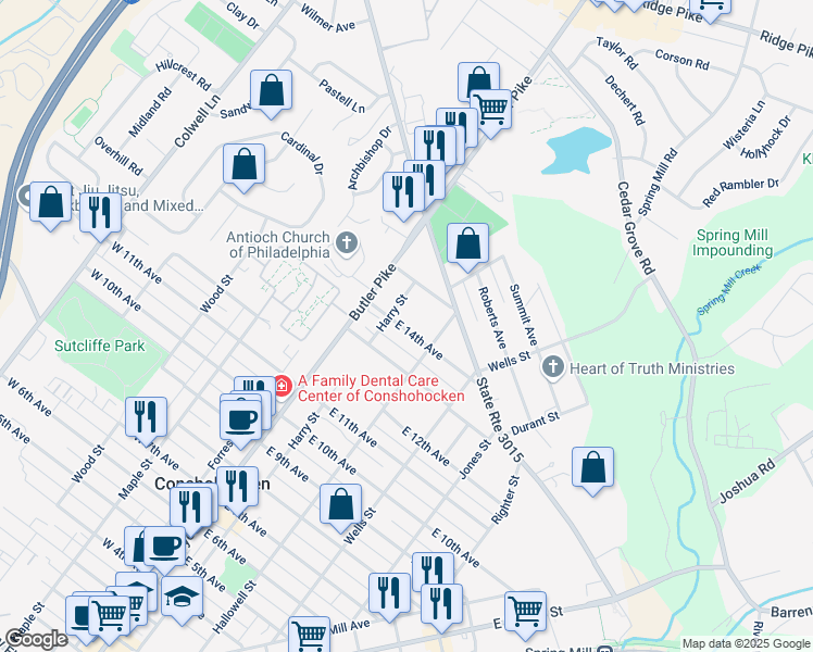 map of restaurants, bars, coffee shops, grocery stores, and more near 142 East 14th Avenue in Conshohocken