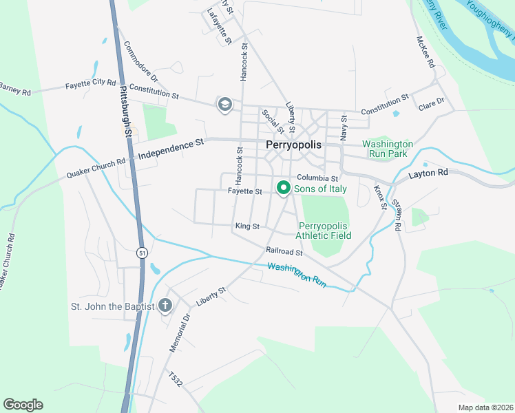 map of restaurants, bars, coffee shops, grocery stores, and more near 113 Federal Street in Perryopolis