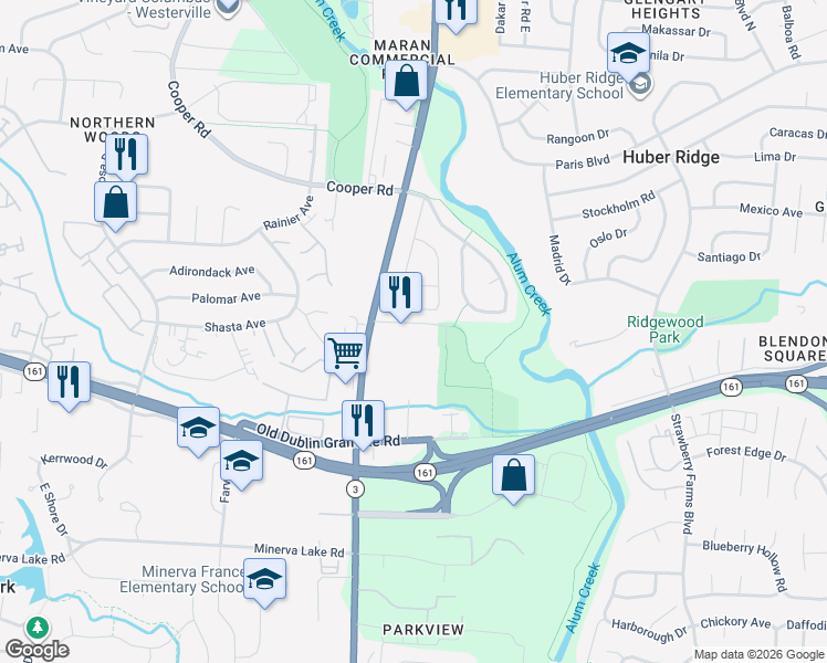 map of restaurants, bars, coffee shops, grocery stores, and more near 5440 Westerville Road in Westerville