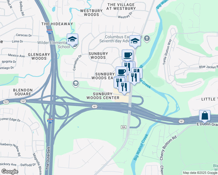 map of restaurants, bars, coffee shops, grocery stores, and more near 4268 Executive Parkway in Westerville