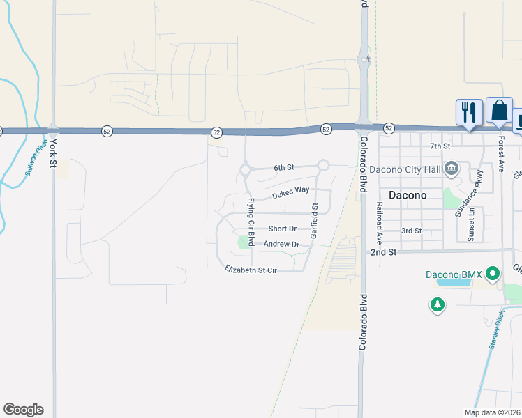map of restaurants, bars, coffee shops, grocery stores, and more near 715 Stonehaven Street Street in Dacono