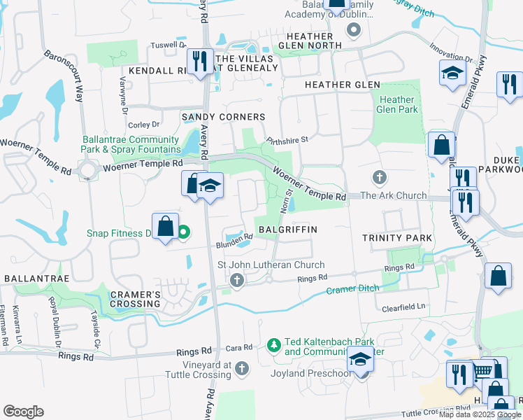 map of restaurants, bars, coffee shops, grocery stores, and more near 5734 Parkside Crossing in Dublin