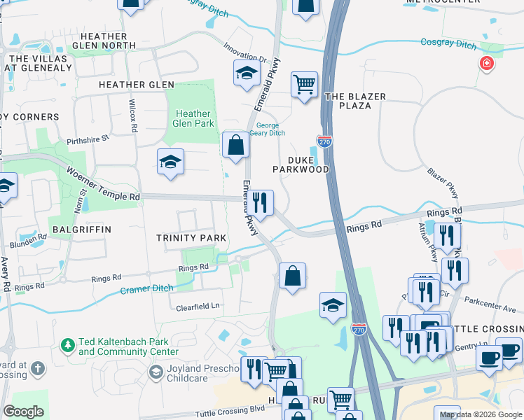 map of restaurants, bars, coffee shops, grocery stores, and more near 5665 Woerner Temple Road in Dublin