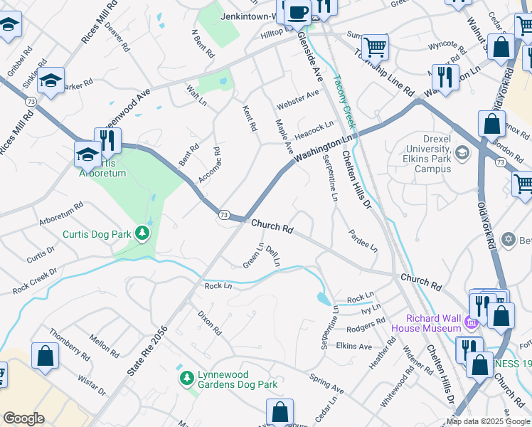 map of restaurants, bars, coffee shops, grocery stores, and more near 8101 Washington Lane in Wyncote