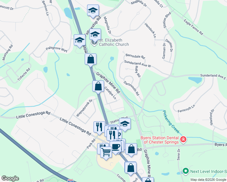 map of restaurants, bars, coffee shops, grocery stores, and more near 602 Mockernut Ct in Chester Springs