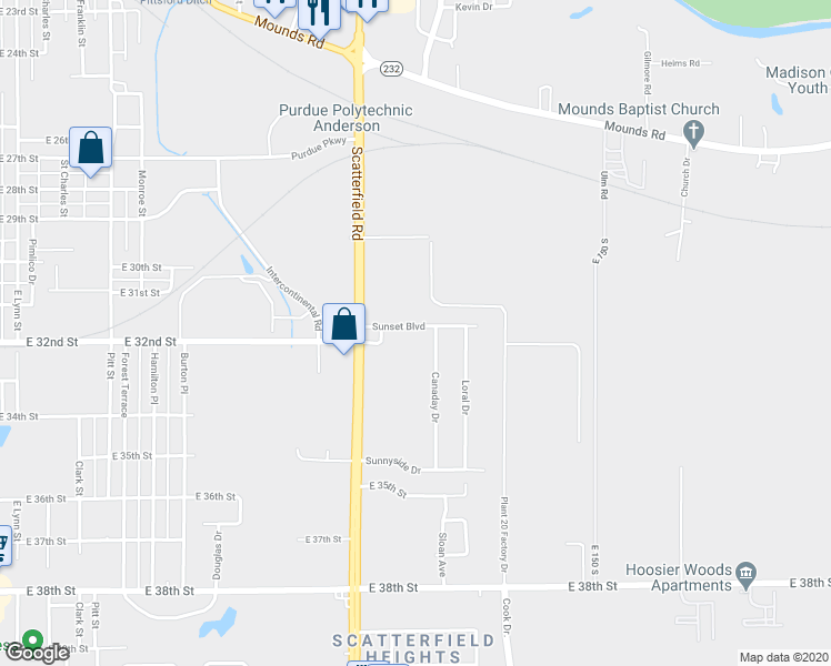 map of restaurants, bars, coffee shops, grocery stores, and more near 2323 Sunset Boulevard in Anderson