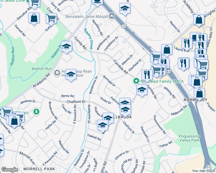 map of restaurants, bars, coffee shops, grocery stores, and more near 3803 Charteris Road in Philadelphia