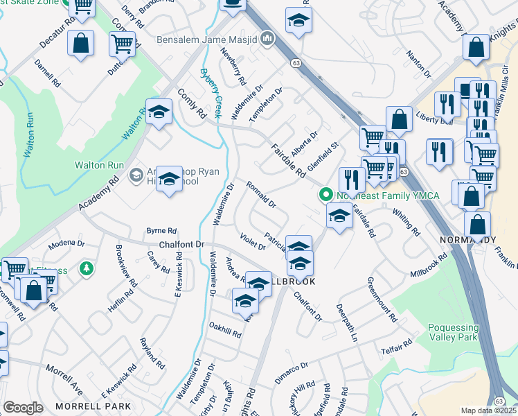 map of restaurants, bars, coffee shops, grocery stores, and more near 3803 Charteris Road in Philadelphia