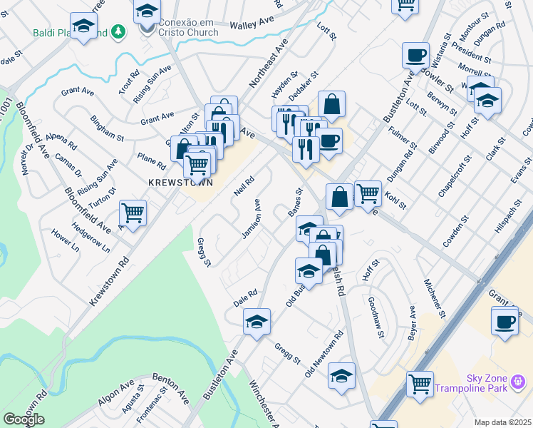 map of restaurants, bars, coffee shops, grocery stores, and more near 9321 Jamison Avenue in Philadelphia