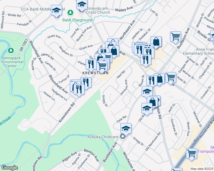 map of restaurants, bars, coffee shops, grocery stores, and more near 1525 Stoney Lane in Philadelphia