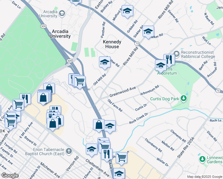 map of restaurants, bars, coffee shops, grocery stores, and more near 416 Carlton Avenue in Wyncote