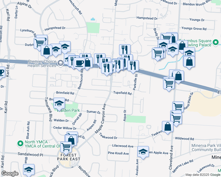 map of restaurants, bars, coffee shops, grocery stores, and more near 5671 Maple Canyon Avenue in Columbus