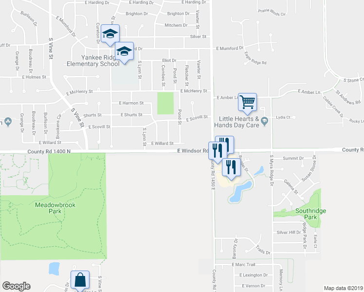 map of restaurants, bars, coffee shops, grocery stores, and more near 2601 South Philo Road in Urbana