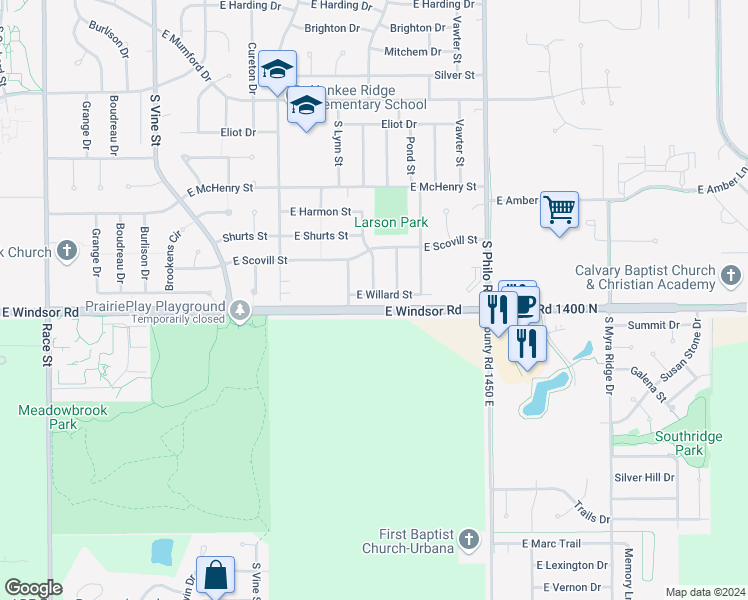 map of restaurants, bars, coffee shops, grocery stores, and more near 1006 East Willard Street in Urbana