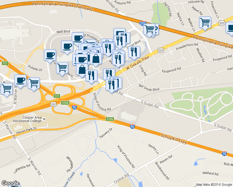 map of restaurants, bars, coffee shops, grocery stores, and more near 153 South Gulph Road in King of Prussia