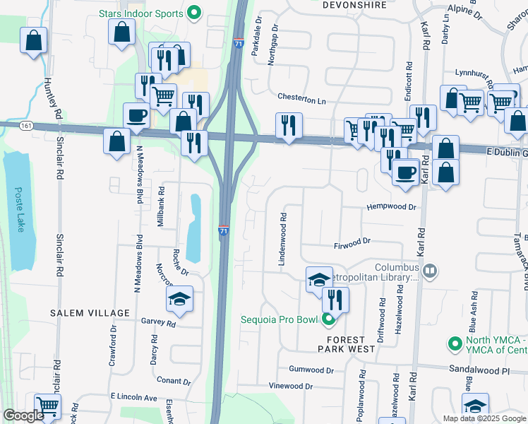 map of restaurants, bars, coffee shops, grocery stores, and more near 5787 Arborwood Drive in Columbus
