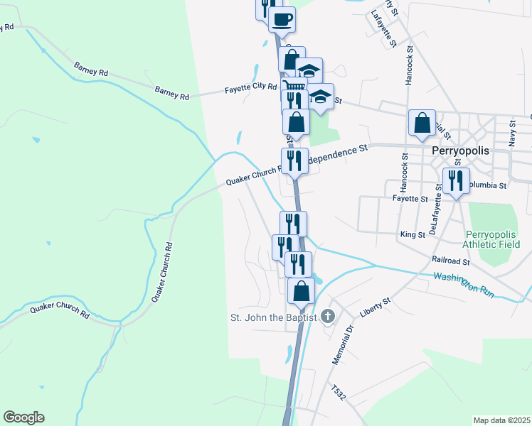 map of restaurants, bars, coffee shops, grocery stores, and more near 108 Janet Street in Perryopolis
