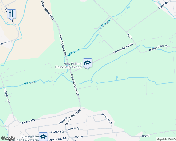 map of restaurants, bars, coffee shops, grocery stores, and more near 126 Eastern School Road in New Holland