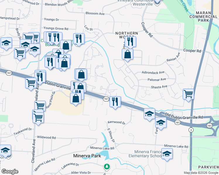 map of restaurants, bars, coffee shops, grocery stores, and more near 5592 Great Woods Boulevard in Columbus