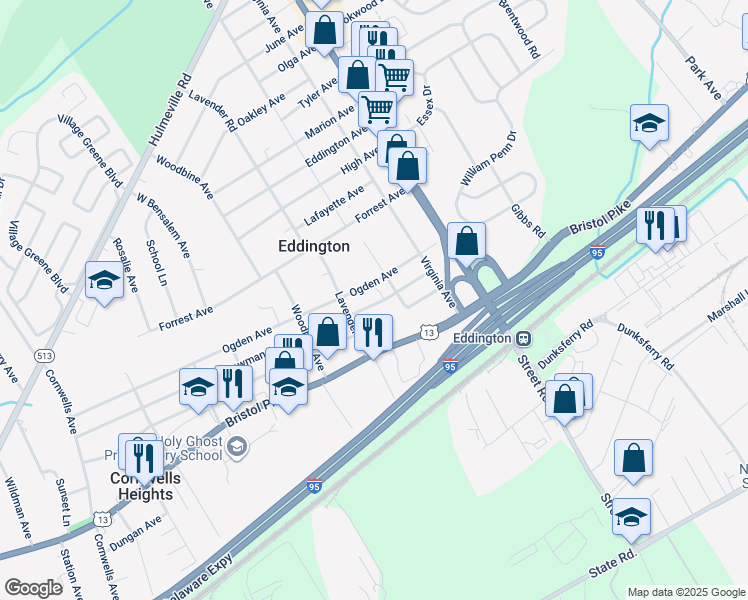 map of restaurants, bars, coffee shops, grocery stores, and more near 2754 Bowman Avenue in Bensalem