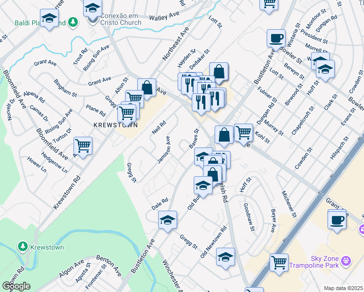 map of restaurants, bars, coffee shops, grocery stores, and more near 1709 Tracey Street in Philadelphia
