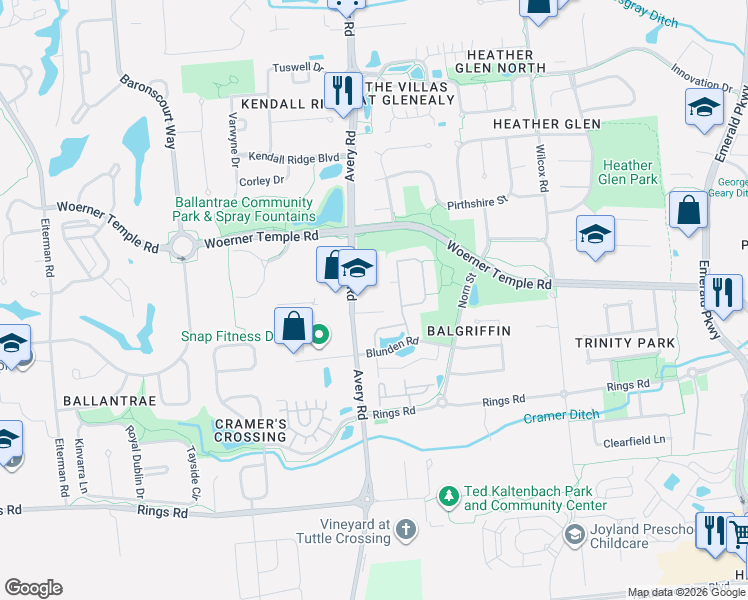 map of restaurants, bars, coffee shops, grocery stores, and more near 5720 Avery Rd in Dublin