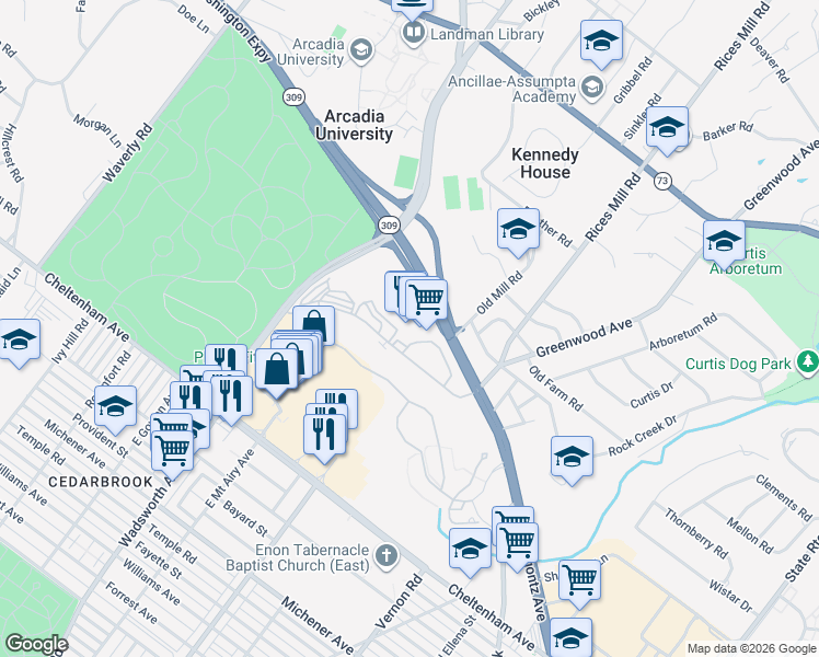 map of restaurants, bars, coffee shops, grocery stores, and more near 8440 Limekiln Pike in Wyncote