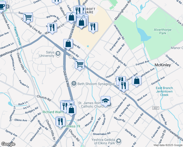 map of restaurants, bars, coffee shops, grocery stores, and more near 1036 Pennsylvania 73 in Elkins Park