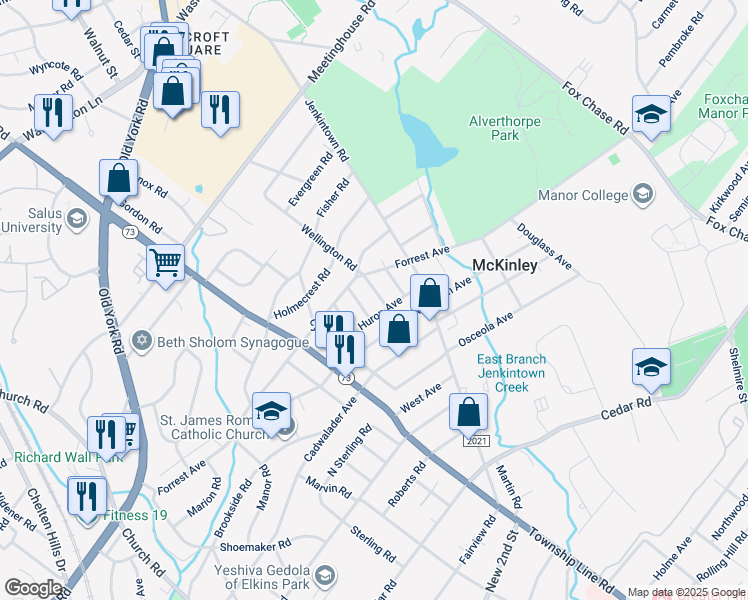 map of restaurants, bars, coffee shops, grocery stores, and more near 946 Wellington Road in Elkins Park