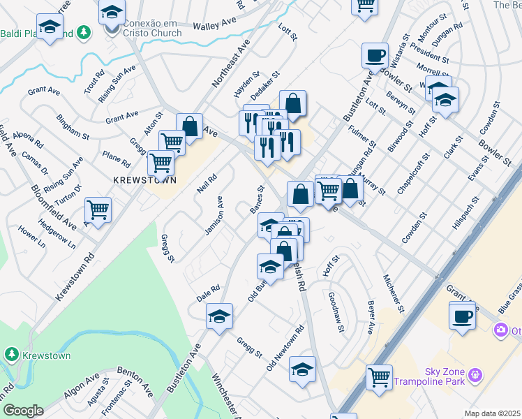 map of restaurants, bars, coffee shops, grocery stores, and more near 9343 Banes Street in Philadelphia