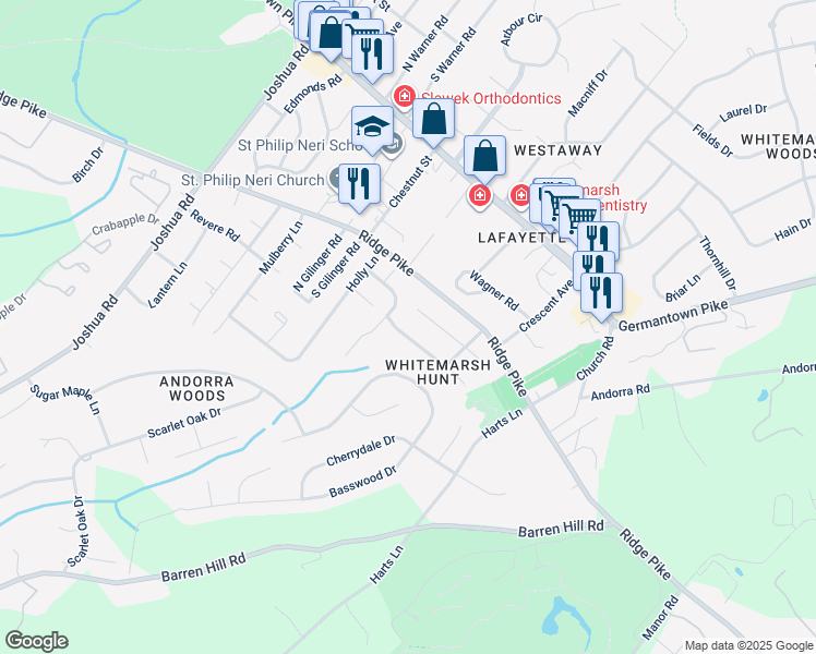 map of restaurants, bars, coffee shops, grocery stores, and more near 532 Cedar Drive in Lafayette Hill