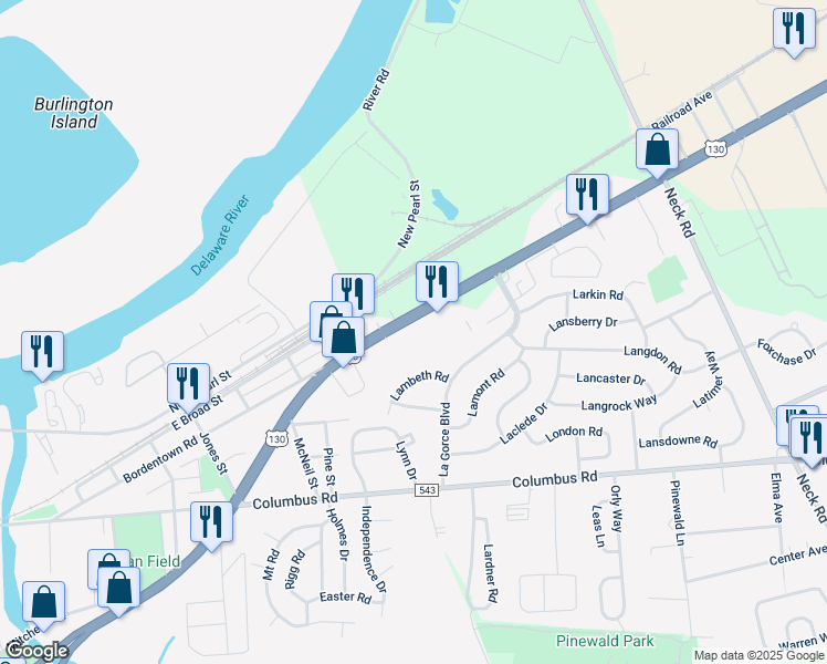 map of restaurants, bars, coffee shops, grocery stores, and more near 1210 U.S. 130 in Burlington