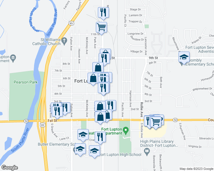 map of restaurants, bars, coffee shops, grocery stores, and more near 507 Main Street in Fort Lupton