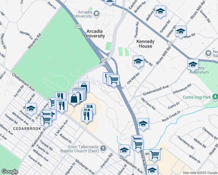 map of restaurants, bars, coffee shops, grocery stores, and more near 8460 Limekiln Pike in Wyncote