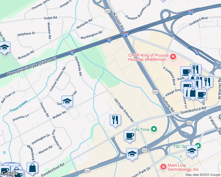 map of restaurants, bars, coffee shops, grocery stores, and more near 1297 Old Eagle School Road in Wayne