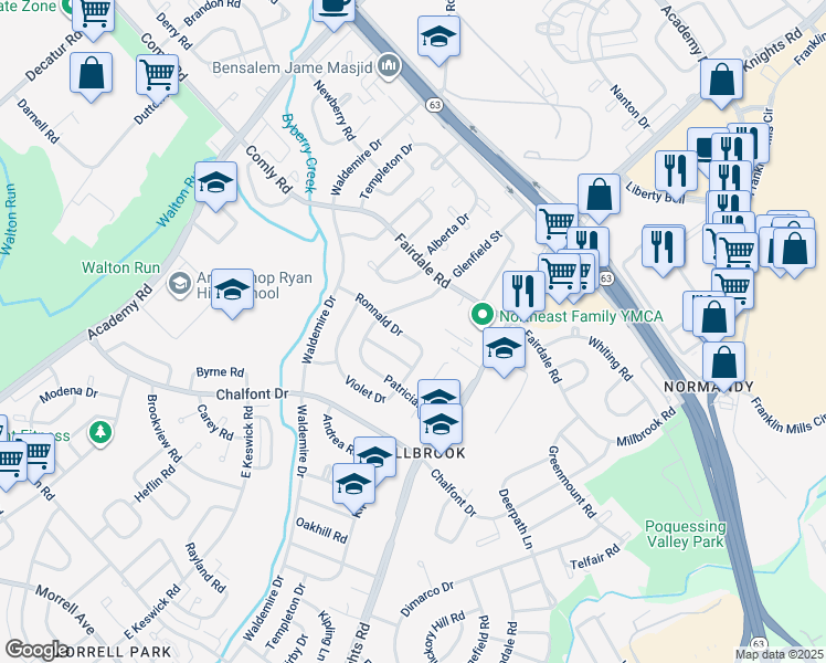 map of restaurants, bars, coffee shops, grocery stores, and more near 3865 Ronnald Drive in Philadelphia