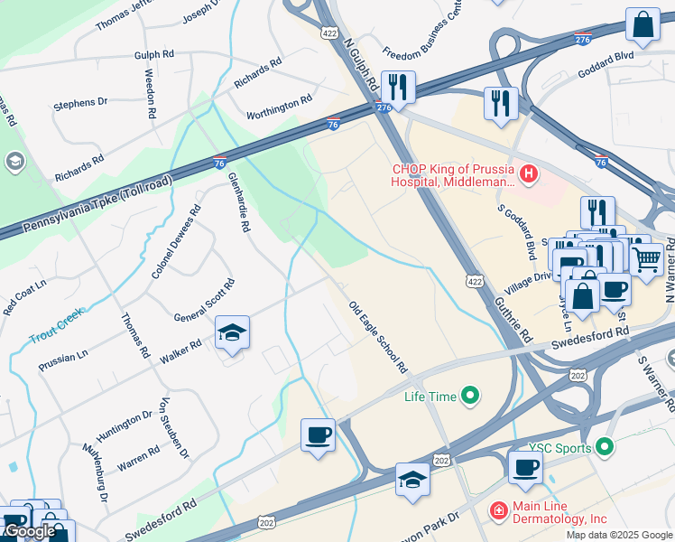 map of restaurants, bars, coffee shops, grocery stores, and more near 1297 Old Eagle School Road in Wayne