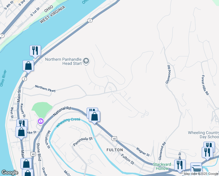 map of restaurants, bars, coffee shops, grocery stores, and more near 800 Northwood Court in Wheeling