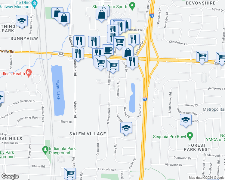 map of restaurants, bars, coffee shops, grocery stores, and more near 5794 North Meadows Boulevard in Columbus