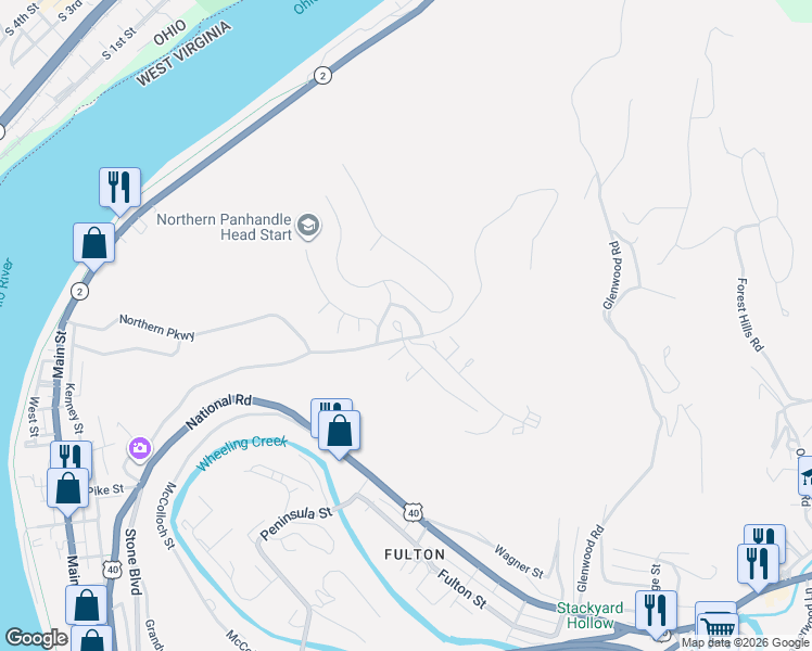map of restaurants, bars, coffee shops, grocery stores, and more near 800 Northwood Court in Wheeling
