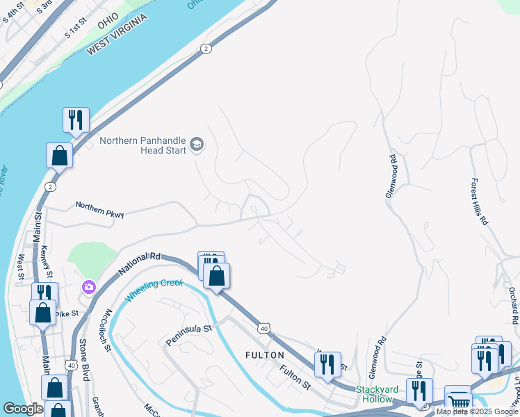 map of restaurants, bars, coffee shops, grocery stores, and more near 800 Northwood Court in Wheeling