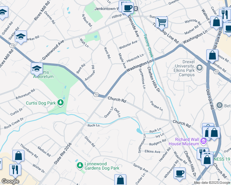 map of restaurants, bars, coffee shops, grocery stores, and more near 8101 Washington Lane in Wyncote