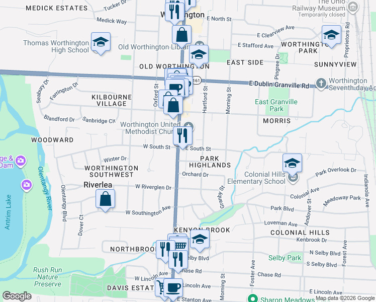 map of restaurants, bars, coffee shops, grocery stores, and more near 30 East South Street in Worthington