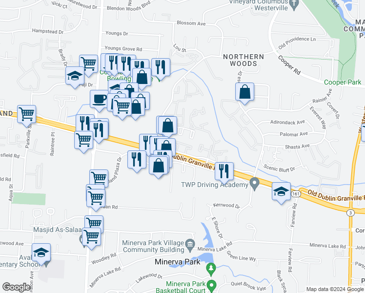 map of restaurants, bars, coffee shops, grocery stores, and more near 2787 Pinellas Court in Columbus