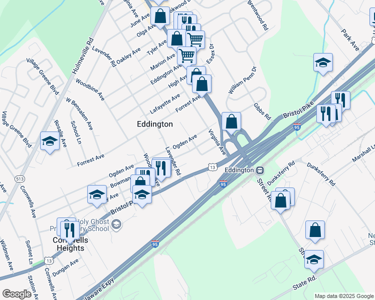 map of restaurants, bars, coffee shops, grocery stores, and more near 2754 Bowman Avenue in Bensalem