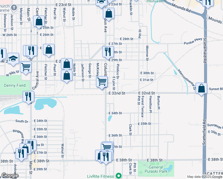 map of restaurants, bars, coffee shops, grocery stores, and more near 3124 Columbus Avenue in Anderson