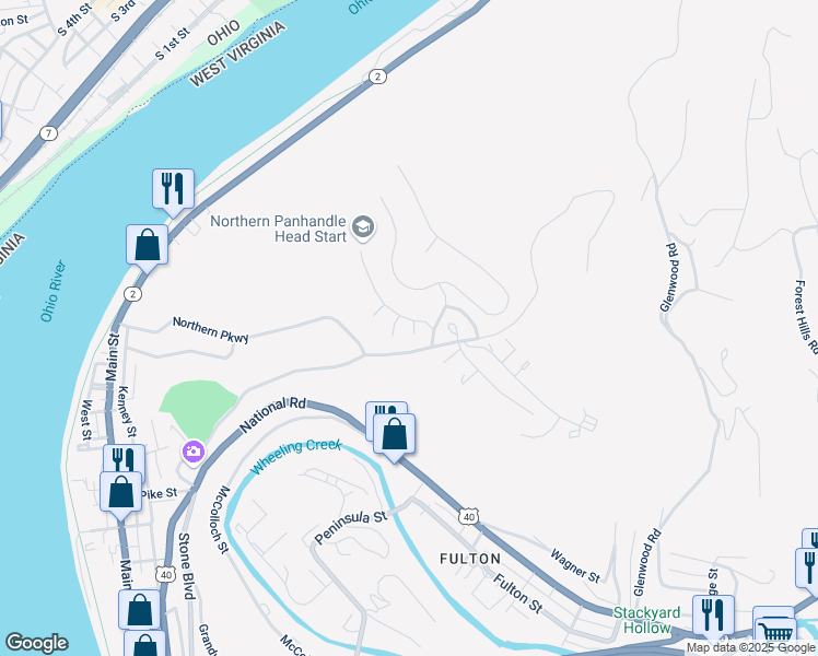 map of restaurants, bars, coffee shops, grocery stores, and more near 10 Finch Avenue in Wheeling