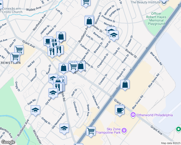 map of restaurants, bars, coffee shops, grocery stores, and more near 9529 Hoff Street in Philadelphia
