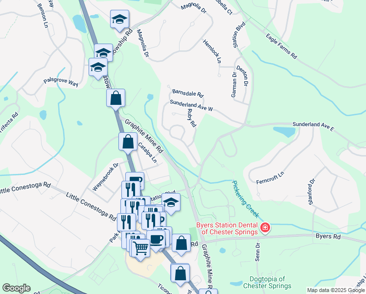 map of restaurants, bars, coffee shops, grocery stores, and more near 321 Dartmouth Road in Chester Springs